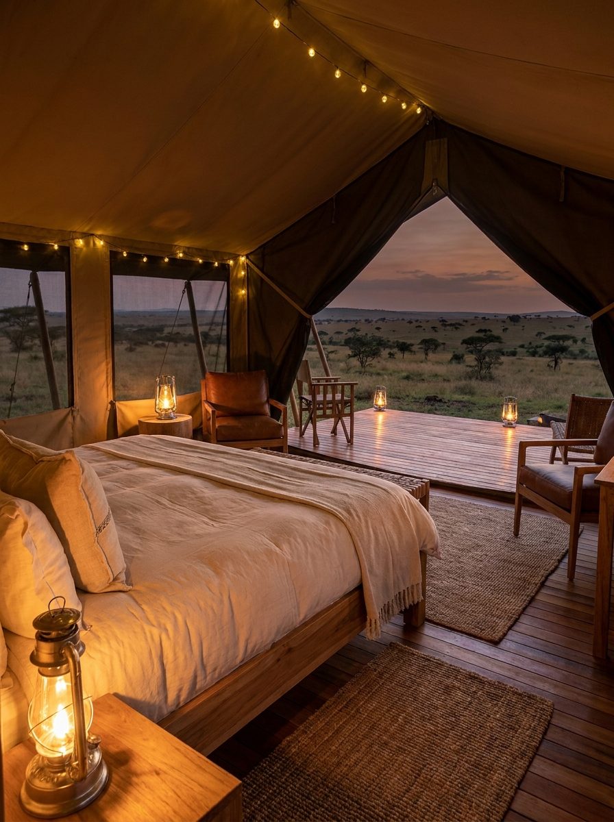 Glamping tent interior at dusk